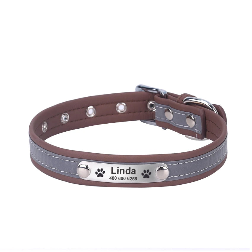 Custom Engraved Dog Collar, Leather Reflective