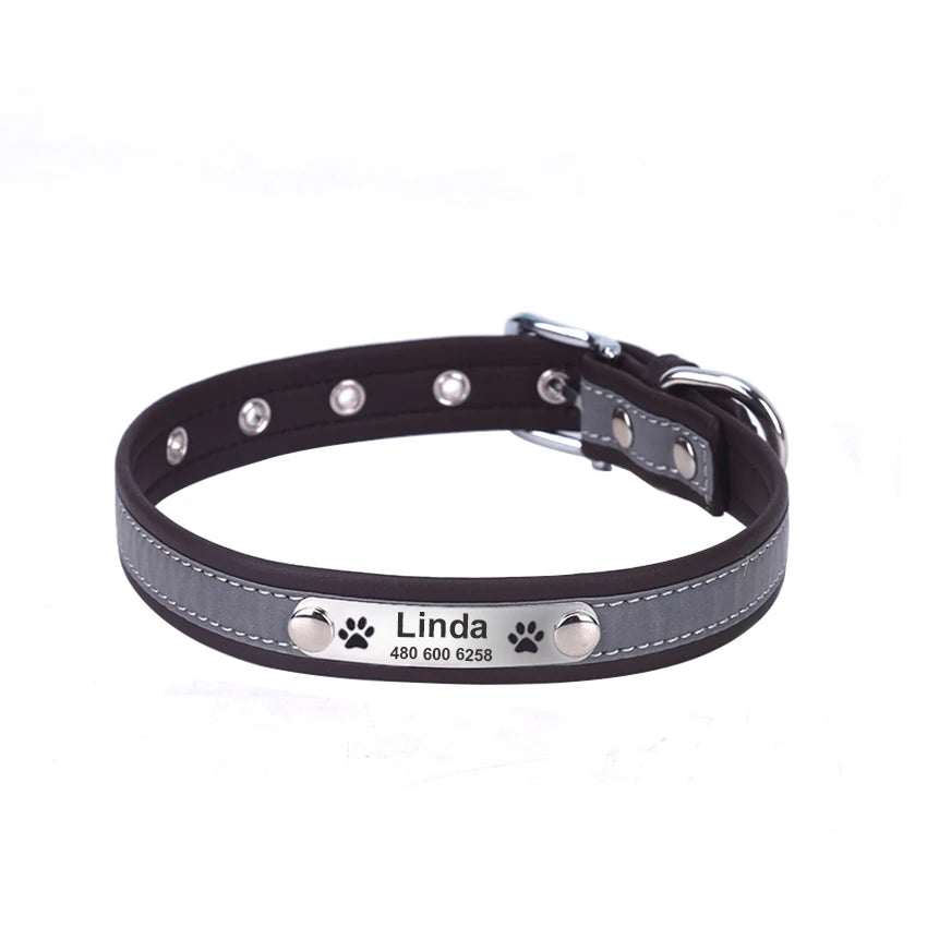 Custom Engraved Dog Collar, Leather Reflective