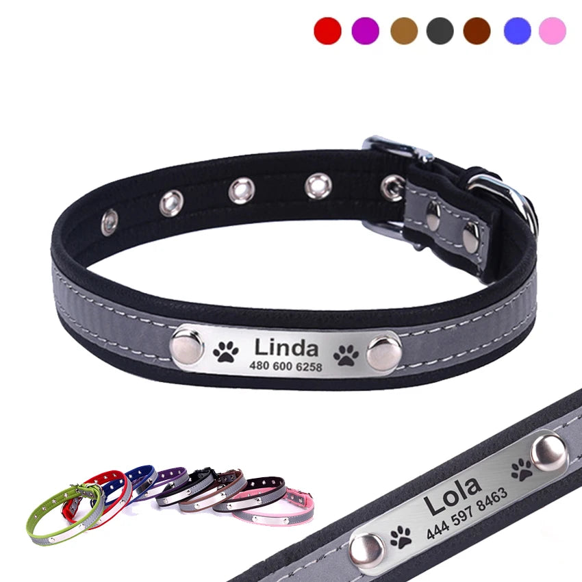 Custom Engraved Dog Collar, Leather Reflective