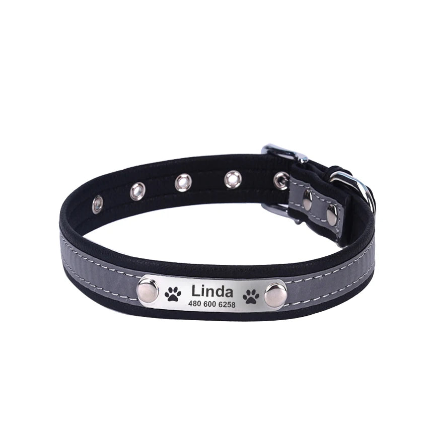 Custom Engraved Dog Collar, Leather Reflective