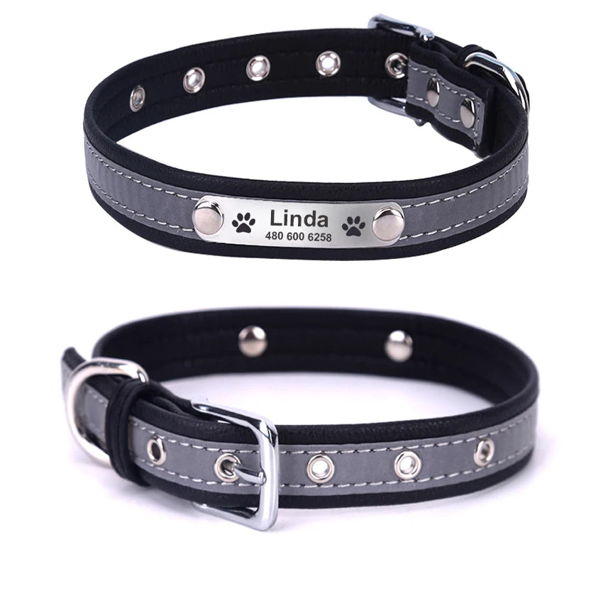 Custom Engraved Dog Collar, Leather Reflective