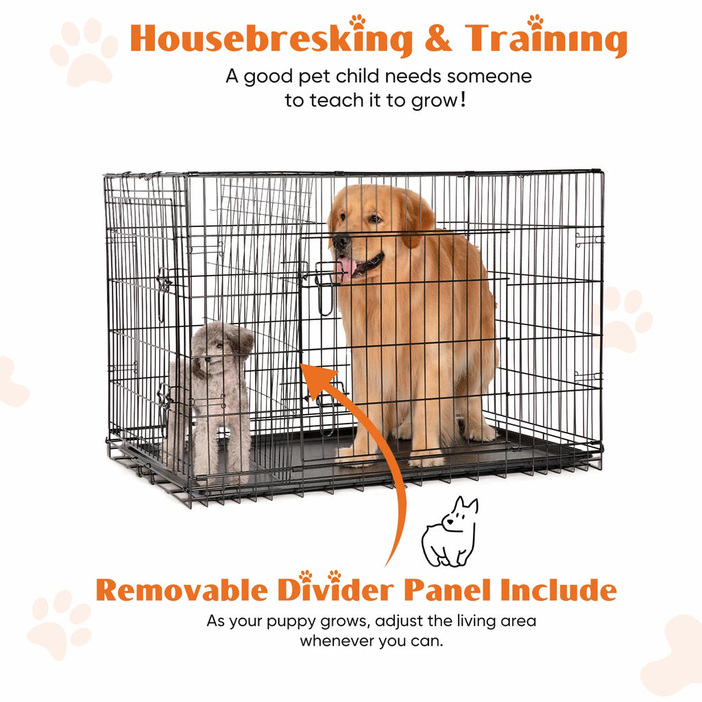 JHK 48 Inch Double Door Folding Metal Wire Dog Cage with Plastic Leak-Proof Pan Tray Extra Large Pet Kennel for Outdoor Travel