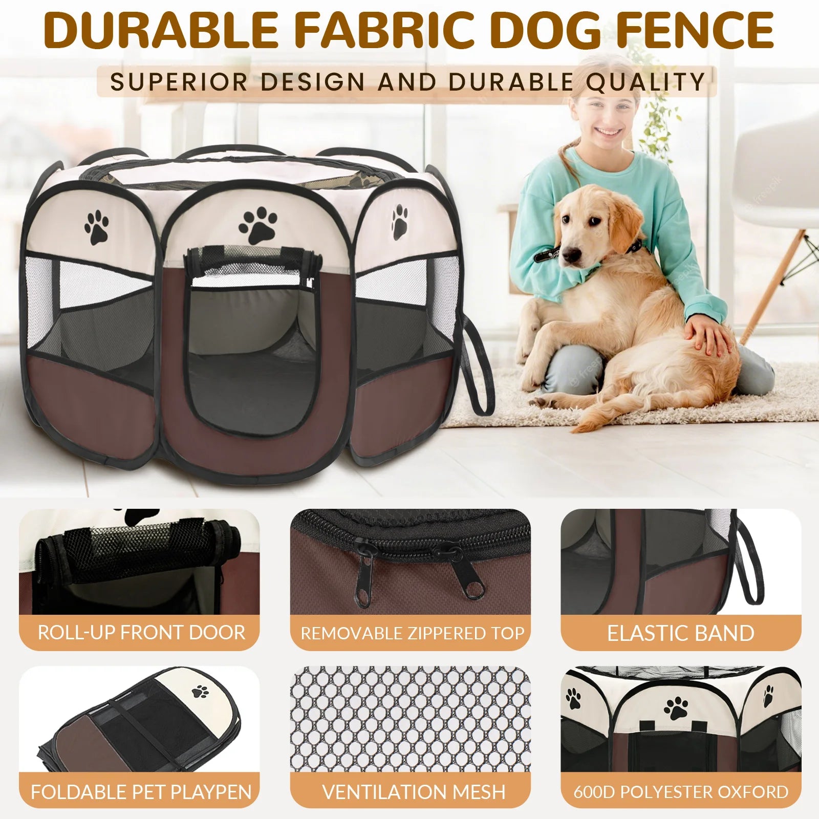 Foldable Pet Playpen - Durable Oxford Cloth with Removable Zipper