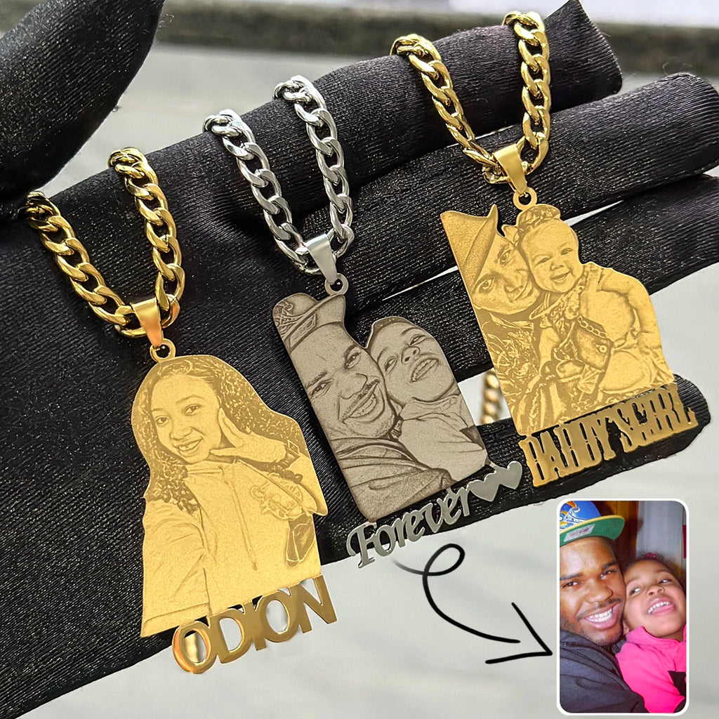Custom Photo Necklace, Stainless Steel Engrave Pet Name