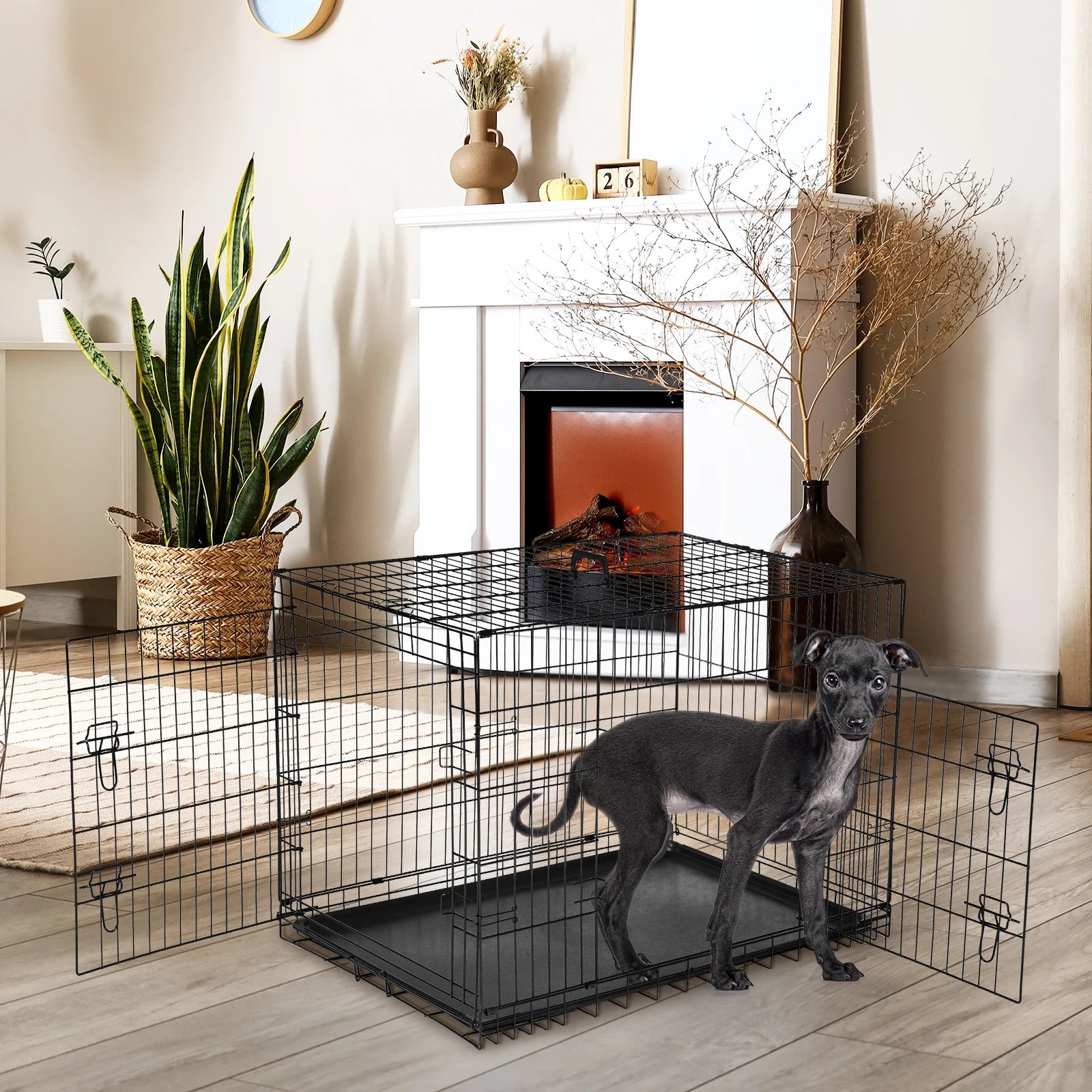 JHK 48 Inch Double Door Folding Metal Wire Dog Cage with Plastic Leak-Proof Pan Tray Extra Large Pet Kennel for Outdoor Travel